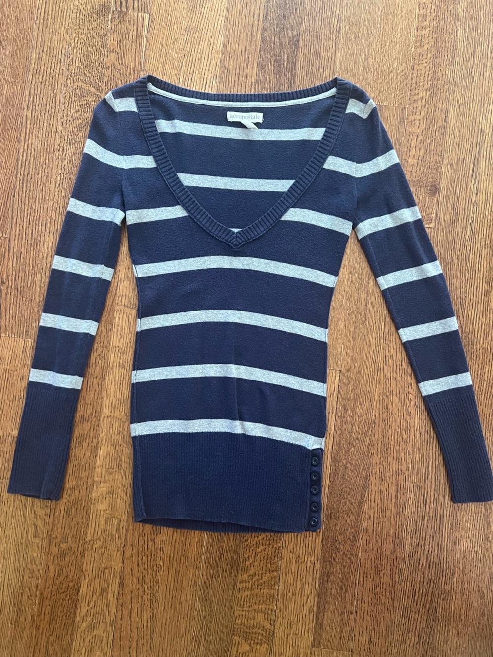 Navy Blue Striped V-Neck Sweater Dress